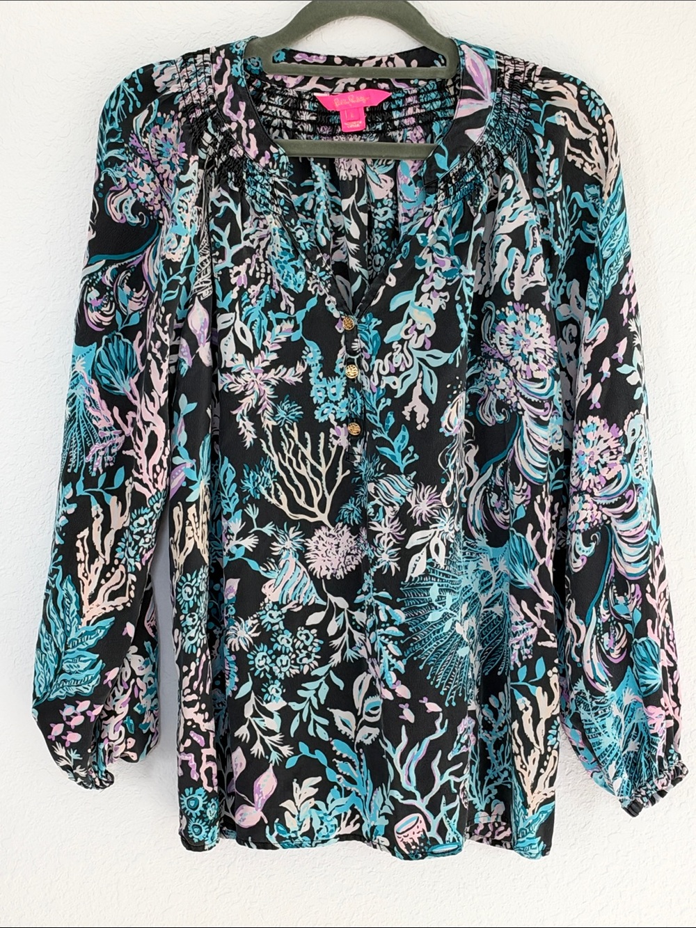 Lilly Pulitzer 100% Silk Aquatic Sea Life Print Blouse Women’s L